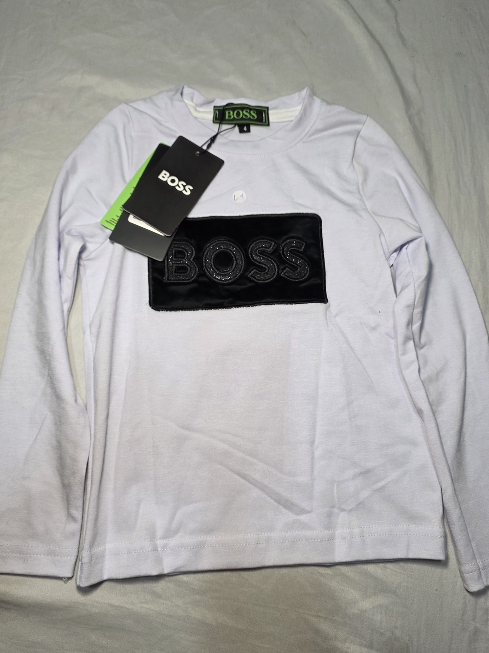 Boss White Long Sleeve Tee with Black Logo Patch